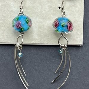 Elegant Blue Fused Glass and Sterling Silver Handmade Floral Earrings